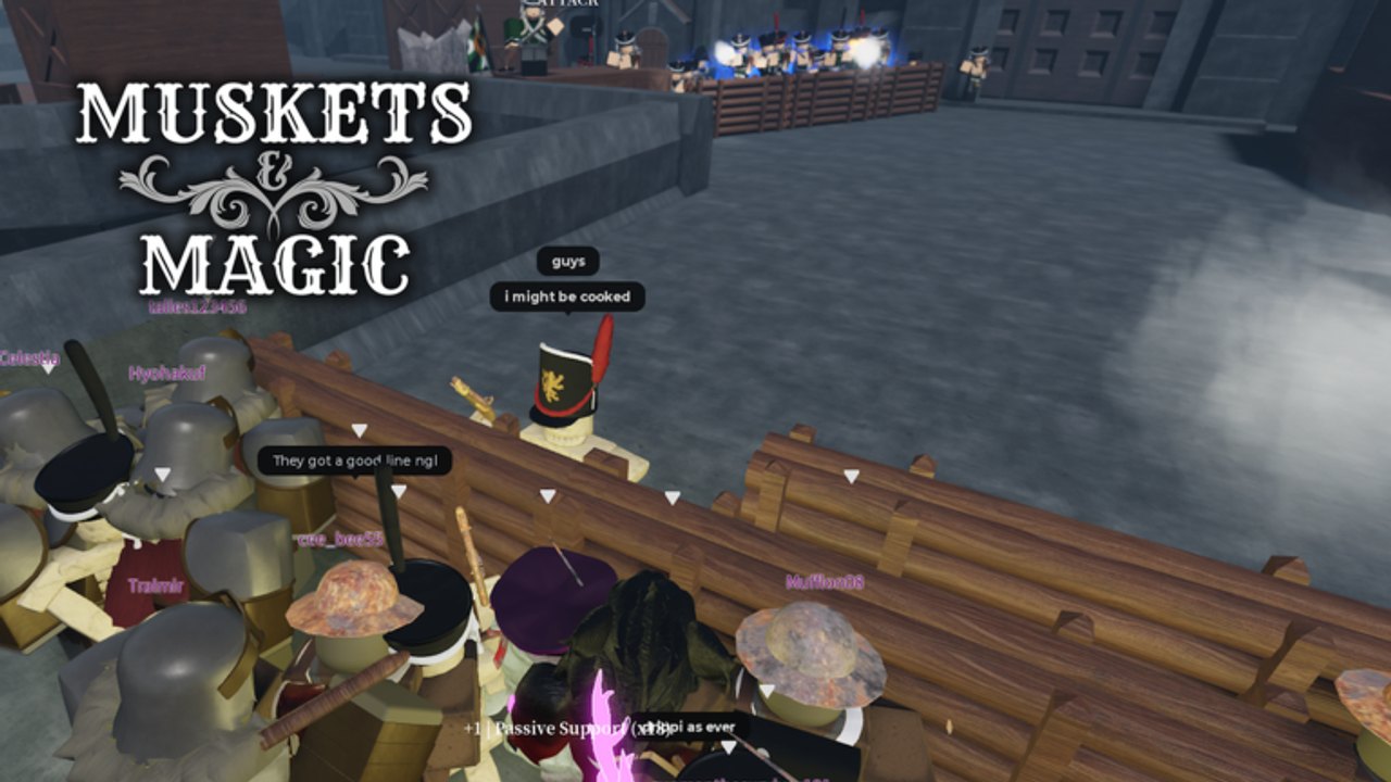 Soldats de Muskets & Magic tenant une barricade en bois pendant un match Roblox en accès anticipé